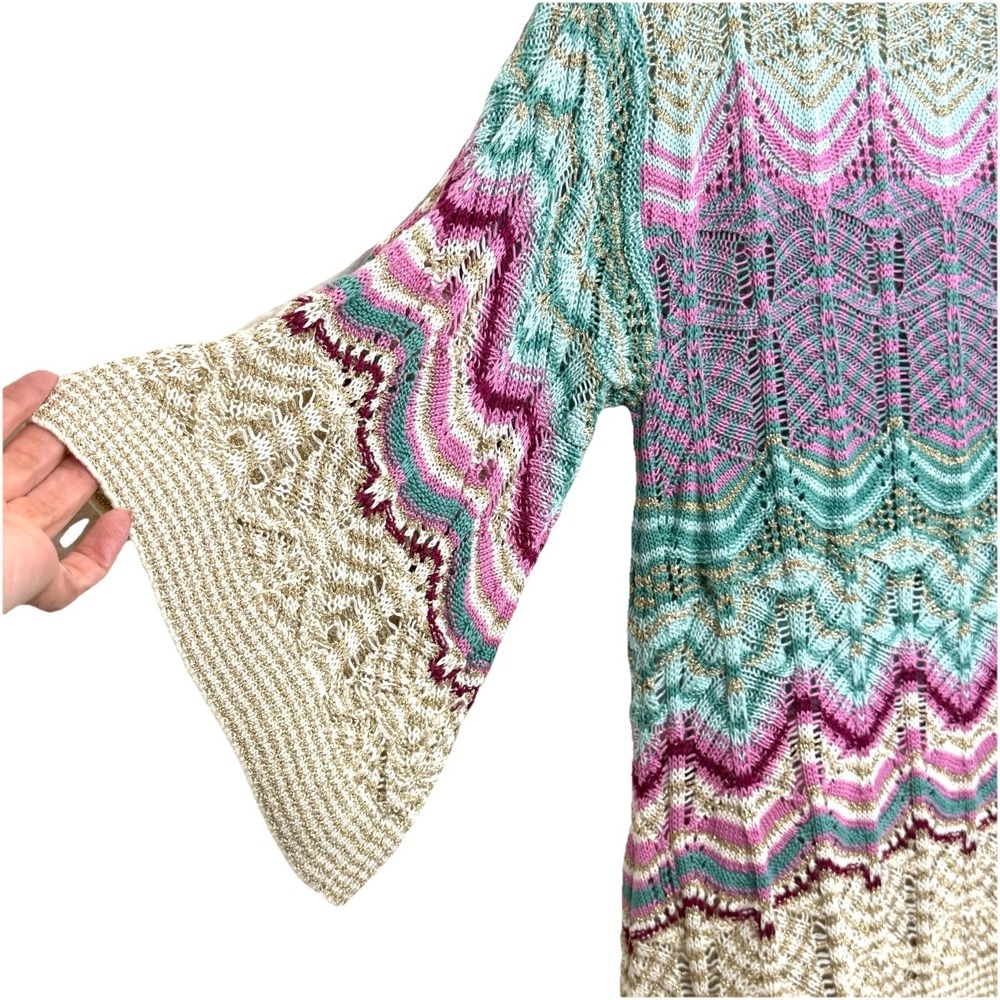 Soft Surroundings Sweater 1X Open Weave Bell Sleeve Boho Knit Tunic Metallic - Picture 5 of 15